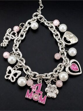 Silver Charm Bracelet #1 Mom Pink Heart Butterfly Flower Beads Cute Gift